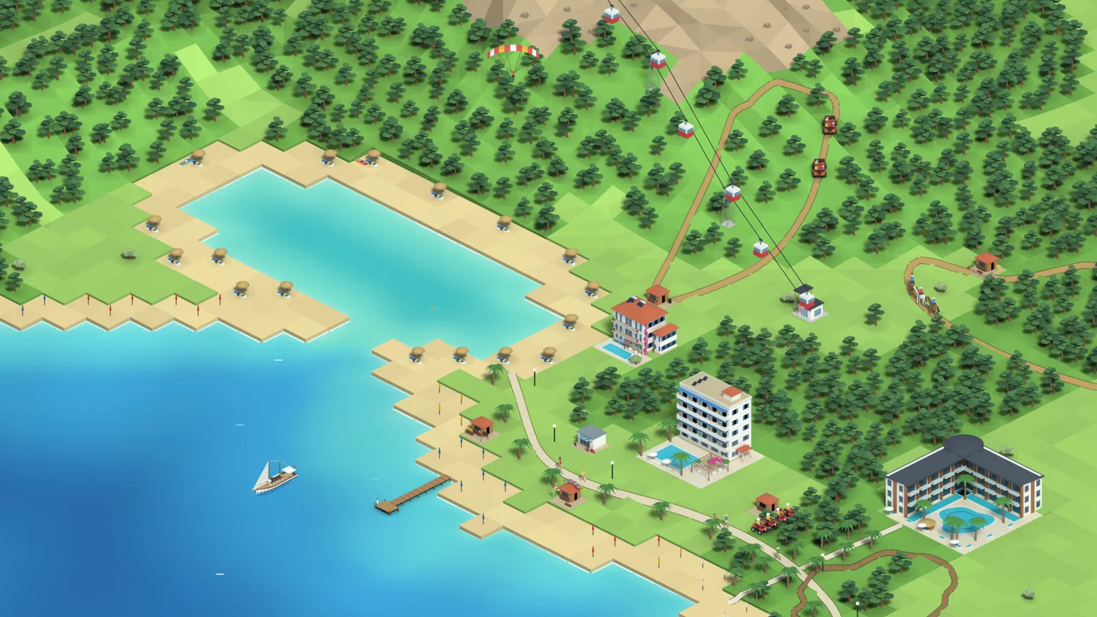 Riviera Tycoon gameplay — the Oludeniz lagoon, hotels and cable car